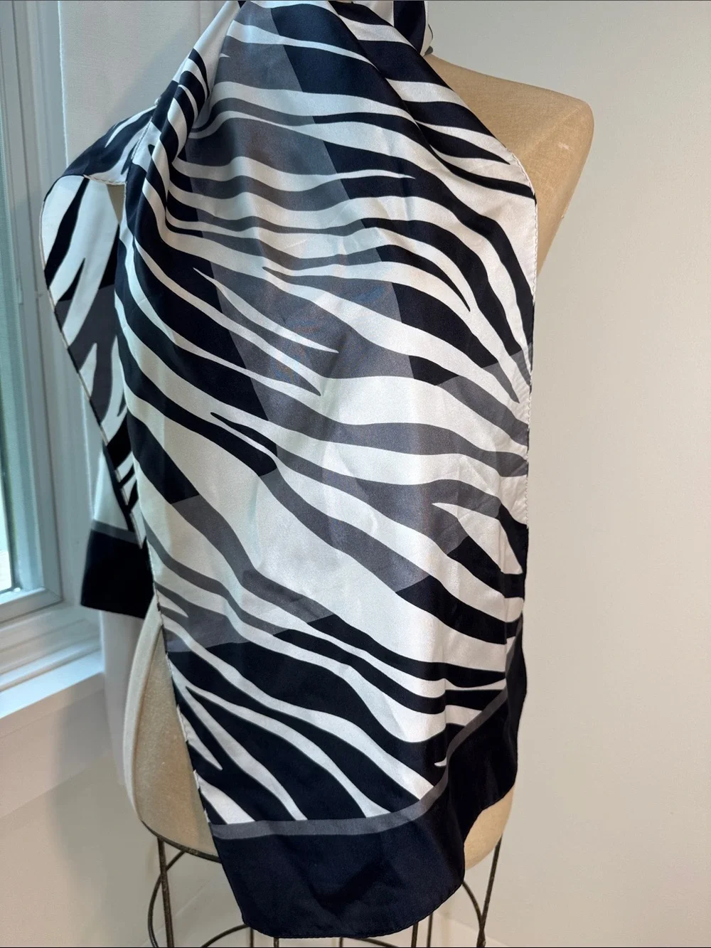 Unbranded silky black and white zebra print scarf.